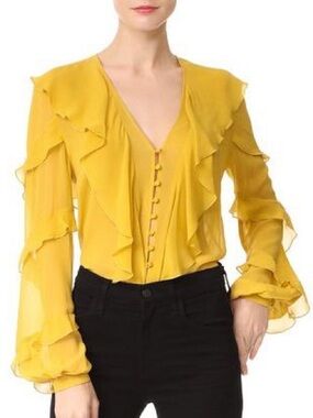 NICHOLAS Mustard Ruffle Silk Button-Front Blouse